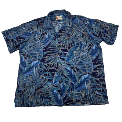 Винтажная гавайская рубашка Hilo Hattie мужская размер XL синяя с цветочным узором курортная на пуговицах Aloha - Изображение 1 из 4