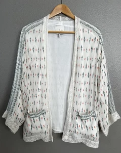 Joie Rumor Silk Sz M/L Cream Open Front Kimono Jacket Cardigan Lace Trim Pockets - Picture 1 of 21
