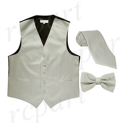 New Men's silver formal vest Tuxedo Waistcoat_necktie & bowtie set party - Image 1 of 4