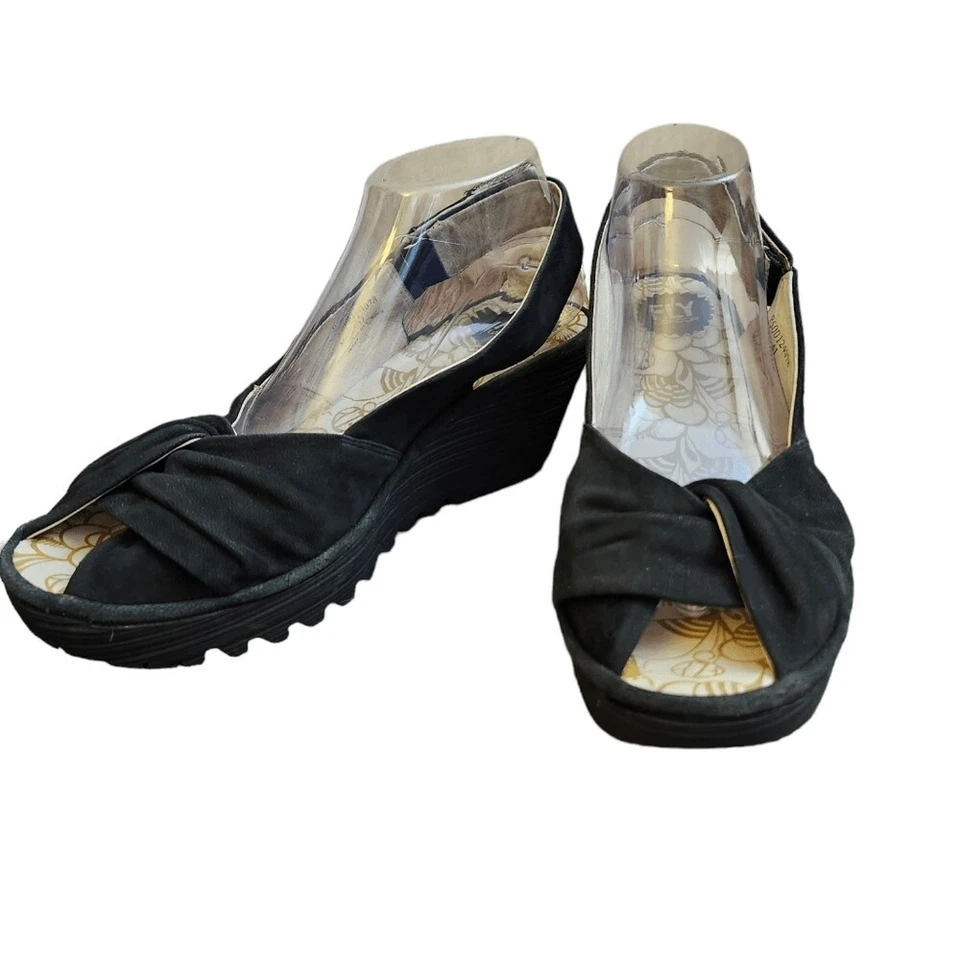 Fly London Yakin nudo peep toe sandalias de cuña de gamuza negras 10.5 Foto 1 de 4