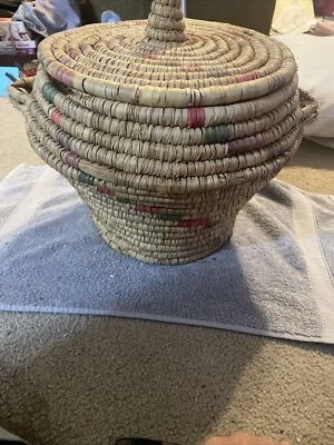 Largesize Hand Woven Coil Basket with Lid Handled Red Green ￼ Purple Sweet grass - Image 1 of 4