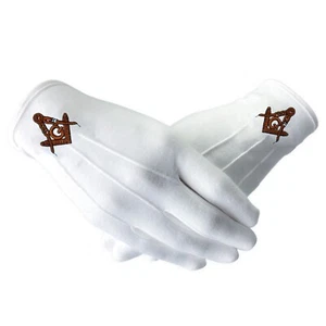 Guantes de algodón masónico 100 % algodón dorado cuadrado y brújula bordados a mano blancos - Imagen 1 de 9