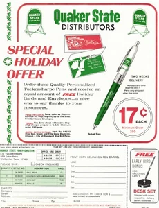 Vintage 1976 QUAKER STATE PEN MERCHANDISE Jobbers SELL SHEET ADVERTISING - Picture 1 of 6