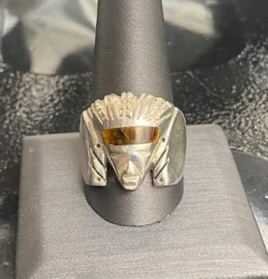 ANILLO GUERRERO AZTECA TAXCO PLATA ESTERLINA 925 Y OJO DE TIGRE PARA HOMBRE TALLA 12 Foto 1 de 4