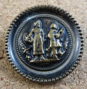 Antique/Vintage Black/Gold-tone Metal Shank Button Woman Basket Man w/Guitar B5 - Picture 1 of 6