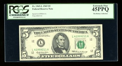 DBR 1969 $5 FRN San Francisco Fr. 1969-L PCGS 45 PPQ Serial L41999211A - Image 1 of 2