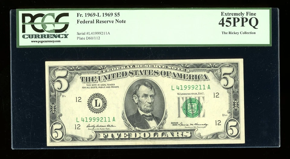 DBR 1969 $5 FRN San Francisco Fr. 1969-L PCGS 45 PPQ Serial L41999211A - Image 1 of 2