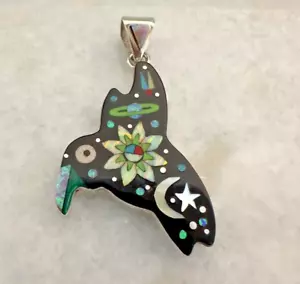 Navajo Multi-Stone Inlay Handmade Cosmic Bird Necklace Moon & Stars Jewelry - Picture 1 of 7