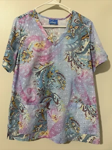 ELAN  by BARCO  Scrub Top  Embroidered  Floral Short Sleeves  Drawstring  MEDIUM - Picture 1 of 12