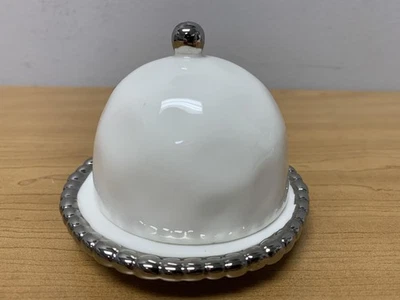 Pampa Bay Mini Butter Dish Dome White Porcelain Silver Beaded Rim Round Server - Image 1 of 4