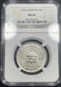 1936 Norfolk Commemorative Half Dollar 50c NGC MS66 Gem Uncirculated Bright Coin - Picture 1 of 4