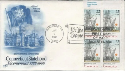 Scott 2340 FDC with block of 4 - 22 cent - 1988 - Connecticut Statehood - FDOI - Image 1 of 2