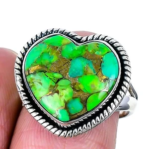 Natural Copper Green Turquoise Heart Solid Silver Statement Ring Jewelry US 7 - Picture 1 of 7