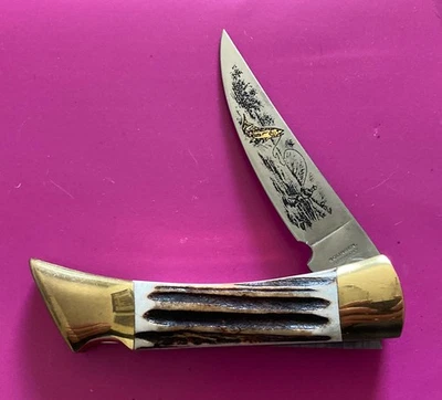 Navaja de bolsillo Franklin Mint 1989 Alemania pesca con mosca de Boker, mango de ciervo NUEVA. Foto 1 de 4