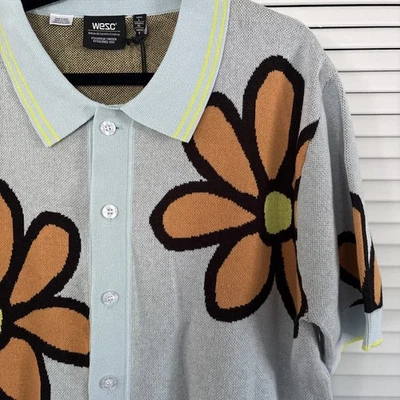 WESC Polo унисекс мужской L женщин XL рубашка на пуговицах свитер большой цветок 70-х SS мягкий - Изображение 1 из 4