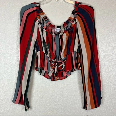 Olivaceous Long Sleeve Rainbow Stripe Milkmaid Lace Up Top Large New - Image 1 of 4