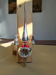 Christbaumspitze, Weihnachtsbaumspitze, alt, Glas mit Einstichkugel + Glöckchen - Bild 1 von 19