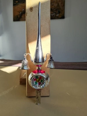 Christbaumspitze, Weihnachtsbaumspitze, alt, Glas mit Einstichkugel + Glöckchen - Bild 1 von 4