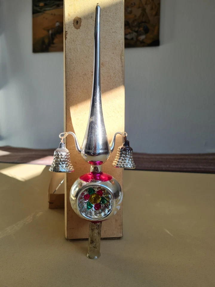 Christbaumspitze, Weihnachtsbaumspitze, alt, Glas mit Einstichkugel + Glöckchen - Bild 1 von 4