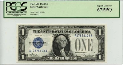 1928 $1 Silver Certificate Blue Tate Mellon Fr# 1600 PCGS SUPERB GEM 67PPQ - Image 1 of 2