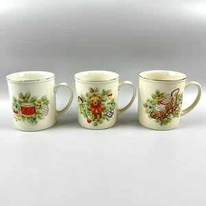 Vtg 3 Christmas Mugs Toy Shop David Shibata Japan Porcelain Drum Bear Carriage - Picture 1 of 11