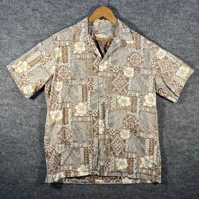 Hilo Hattie Hawaiian Shirt Mens L Brown Tribal Button Down Short Sleeve USA Vtg - Image 1 of 4