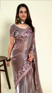 Bollywood Designer Organza Saree Zari Sequins Work Women Festive Party Wear Sari - Picture 1 of 3