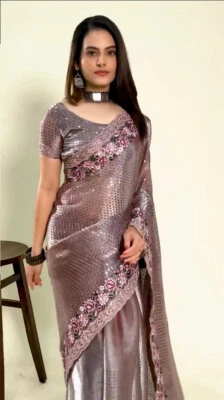 Bollywood Diseñador Organza Sari Zari Lentejuelas Trabajo Mujeres Fiesta Festivo Ropa Sari Foto 1 de 3