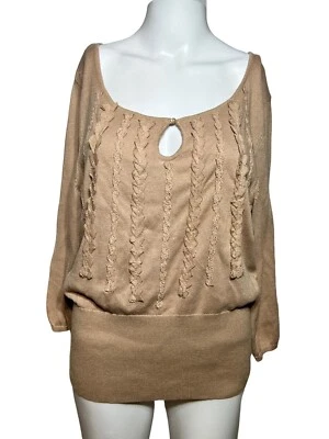 Suéter feminino Elle grande bege acastanhado manga curta buraco na fechadura gola camisa NOVO - Imagem 1 de 4