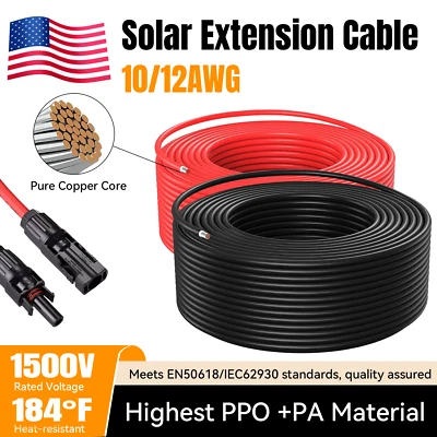 10 AWG Solar Panel Extension PV Cable Wire Solar Connectors Pair Black Red 6mm² - Image 1 of 4