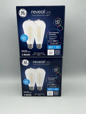 GE 4 Light Bulbs 60W Reveal ST19 LED Edison Style HD 800 Lumens - Image 1 of 4