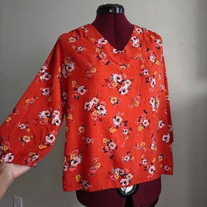 Blusa Top Pequeña Mediana St Johns Bay Para Mujer Roja Floral Cuello en V Manga Abullonada 3/4 - Imagen 1 de 8