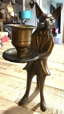 Candelabro antropomórfico vintage de bronce mayordomo zorro Foto 1 de 3