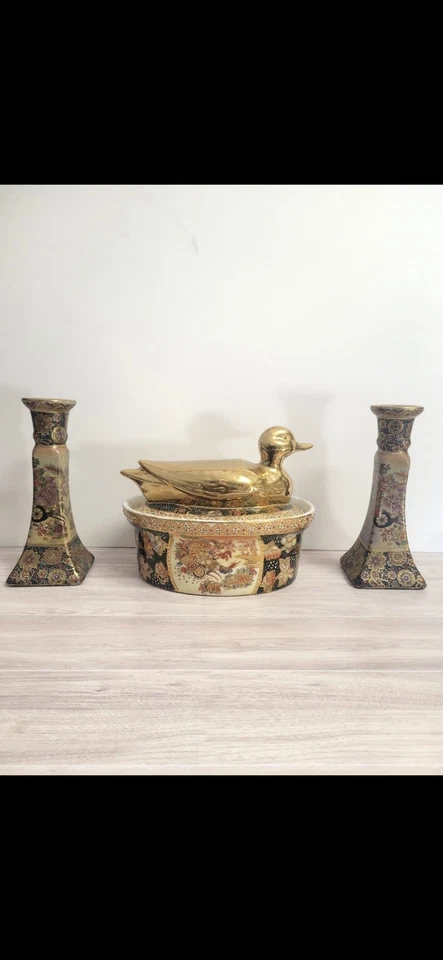 Torre/2 soportes para velas vintage china de porcelana chapada en oro a juego. "RARO" Foto 1 de 3