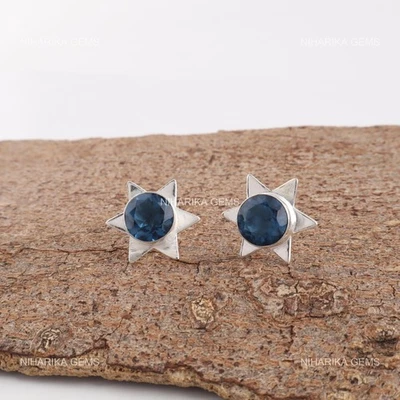 925 Argento Naturale London Topazio Blu Gancio Pendente Nero Friday Orecchini - Immagine 1 di 4