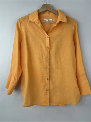 Blusa clásica Chico’s para mujer 1 naranja 100 % lino manga 3/4 abotonada Foto 1 de 4