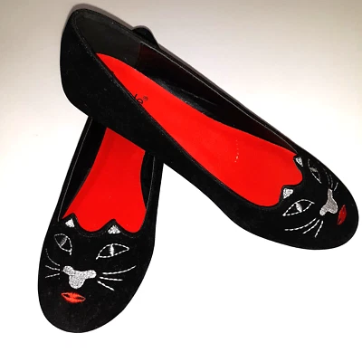 Zapatos Velour Kitty Cara de Gato Talla 7.5 Kissy Planos Bordados Sin Cordones Negros Nicole Foto 1 de 4