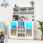 LED High Gloss Tea Liquor Wine Bar Cabinet Coffee Bar w/ Outlet,Bottles Storage