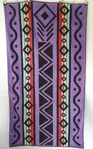 Vintage BHS Beach Bath Towel 100% Cotton Geometrical Pattern Purple Mix Large - Picture 1 of 6