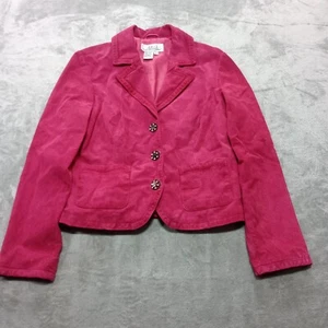 Aria Leather Suede Jacket Womens Sz M Fuschia Pink Vintage 3 Button Blazer Lined - Picture 1 of 14