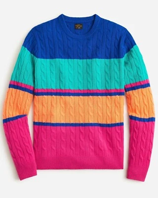 J. CREW Men's 100% Cashmere Cable Knit Crewneck Sweater Bright Multi Stripe NWT - Image 1 of 4