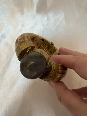 Bone Bangle With Oval Polished Purple Stone Hammered Brass Hinged Pin Bracelet - Image 1 of 4