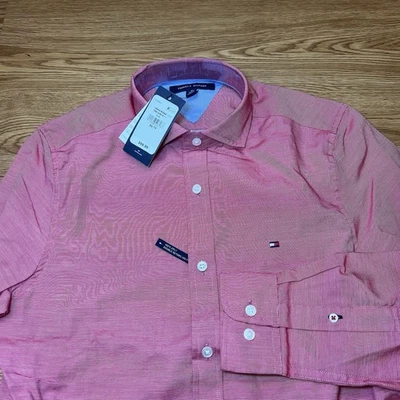 NUEVO CON ETIQUETAS Camisa de Vestir Tommy Hilfiger Para Hombre Talla Xs 100’s 2PLY Abotonada Rosa Rayas Foto 1 de 4