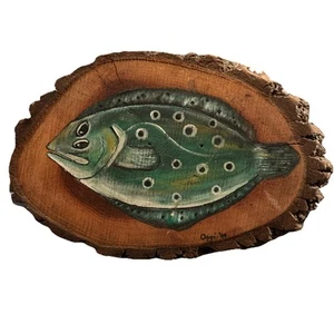 Vintage 1999 Signed Hand-Painted Fish Rustic Oval Live-Edge Wood 14" Cabin Lake - Picture 1 of 7