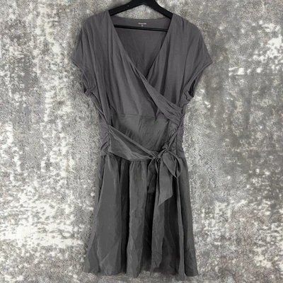 Garnet Hill Size XL Stretch Silk Tie Front Knee Length Wrap Dress Gray V Neck - Image 1 of 4