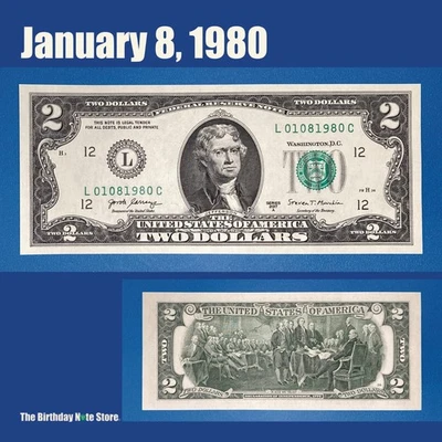 January 8, 1980 Birthday Anniversary $2 Two Dollar Bill Serial Number 01081980 - Image 1 of 2