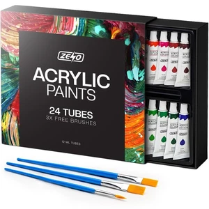 ZENO Acrylic Paint Set of 24 Tubes with 3 Brushes - Picture 1 of 9