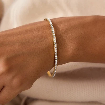 Fashion Women 18K Gold Plated CZ Thin 3mm Bracelet Bangle Anti-tarnish - Image 1 of 4