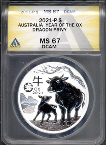 2021 1 $ Silber Australien Year of the Ox MS 67 DCAM ANACS # 7967689 + Bonus - Bild 1 von 2