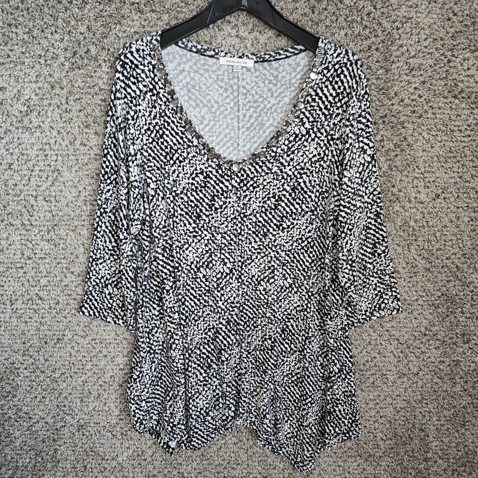Top Rosa + Oliva Mujer Plus 1X Negro Estampado Manga Larga Cuentas Informal Damas Foto 1 de 4